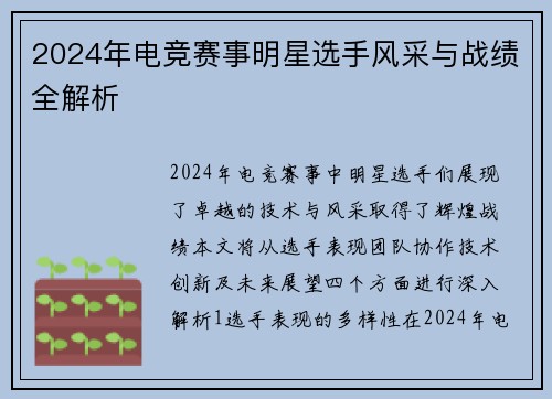 2024年电竞赛事明星选手风采与战绩全解析